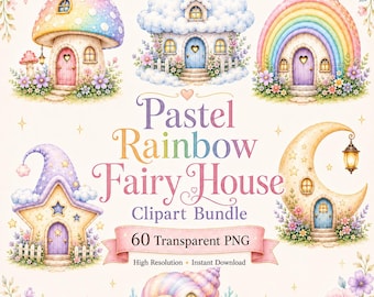 Pastel Rainbow Fairy House Clipart Bundle, 60 Mushroom Cloud Cottage PNG
