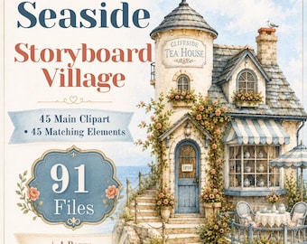 Seaside Village Clipart Bundle, Watercolor Coastal Cottages, Nautical Elements PNG