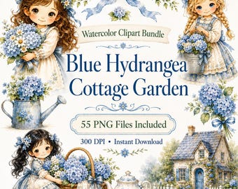 Blue Hydrangea Girl Clipart Bundle, 55 Cottage Garden Floral Girl PNG