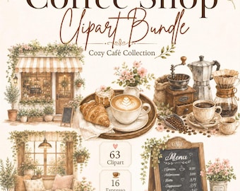 Watercolor Coffee Shop Clipart Bundle, Espresso Coffee Cup PNG, Cozy Cafe Bakery Digital Paper, 93 Files