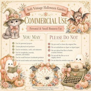 May include: A digital license information sheet titled Soft Vintage Halloween Garden Commercial Use. It features illustrations of a kitten in a witch hat, a bat, ghosts, a typewriter, and a spiderweb, with text outlining usage permissions.