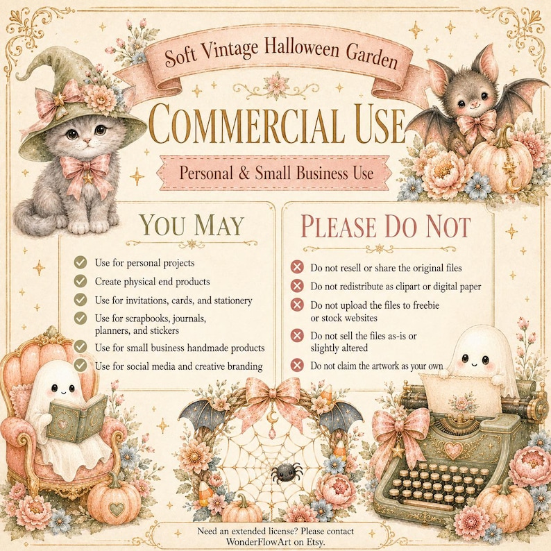 May include: A digital license information sheet titled Soft Vintage Halloween Garden Commercial Use. It features illustrations of a kitten in a witch hat, a bat, ghosts, a typewriter, and a spiderweb, with text outlining usage permissions.