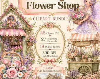 Fairy Flower Shop Clipart Bundle, Watercolor Flower Fairy PNG, Cottagecore Floral Elements, Digital Papers