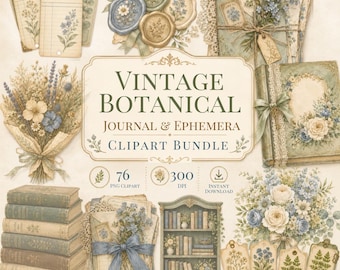 Vintage Botanical Ephemera Clipart, 76 PNG Junk Journal Bundle, Floral Scrapbook Tags & Frames
