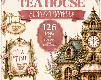 Fairy Tea House Clipart Bundle, 126 Watercolor PNGs, Cottagecore Tea Party Graphics