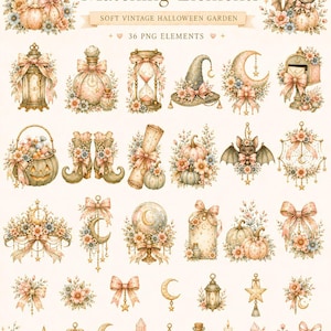 May include: A collection of 36 digital PNG elements titled Matching Elements Soft Vintage Halloween Garden. The set features watercolor-style illustrations of ghosts, pumpkins, lanterns, hourglasses, witch hats, moons, bats, and floral accents with bows.