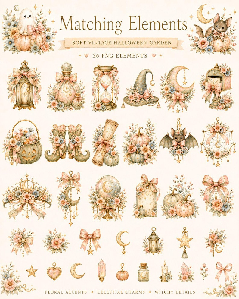 May include: A collection of 36 digital PNG elements titled Matching Elements Soft Vintage Halloween Garden. The set features watercolor-style illustrations of ghosts, pumpkins, lanterns, hourglasses, witch hats, moons, bats, and floral accents with bows.