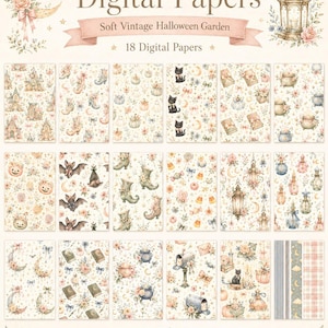 May include: A collection of 18 digital papers titled Digital Papers Soft Vintage Halloween Garden. The set features patterns with illustrations of black cats, pumpkins, lanterns, bats, cauldrons, moons, and floral elements in soft muted tones.