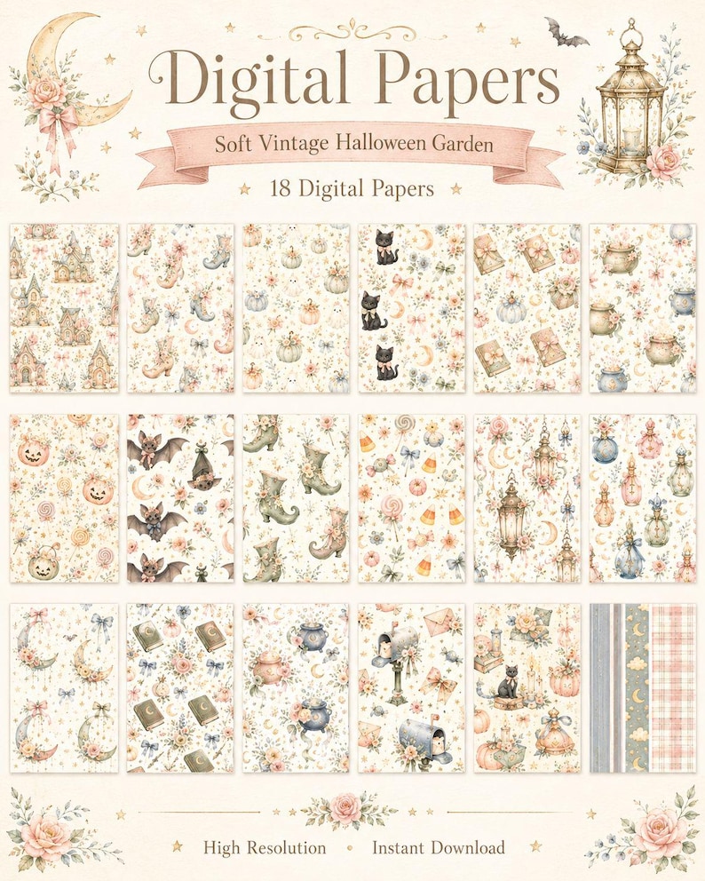 May include: A collection of 18 digital papers titled Digital Papers Soft Vintage Halloween Garden. The set features patterns with illustrations of black cats, pumpkins, lanterns, bats, cauldrons, moons, and floral elements in soft muted tones.