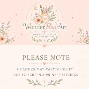 May include: A light peach graphic featuring the text WonderFlowArt Whimsical Clipart for Creative Projects, with a jar containing a paintbrush and pencils, surrounded by floral illustrations, stars, and a note about color variations.