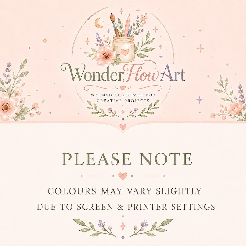 May include: A light peach graphic featuring the text WonderFlowArt Whimsical Clipart for Creative Projects, with a jar containing a paintbrush and pencils, surrounded by floral illustrations, stars, and a note about color variations.