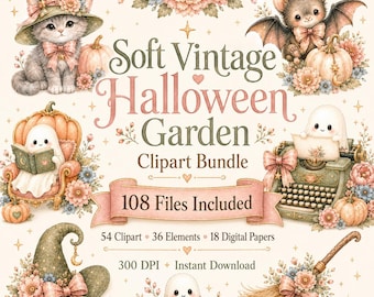 Pastel Halloween Clipart Bundle, Cute Ghost Pumpkin PNG, Soft Vintage Witchy Garden Digital Paper, 108 Files