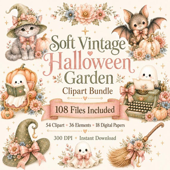 Pastel Halloween Clipart Bundle, Cute Ghost Pumpkin PNG, Soft Vintage Witchy Garden Digital Paper, 108 Files