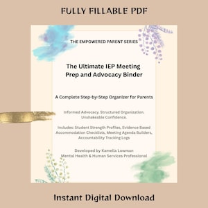 Peut inclure: Un PDF entièrement remplissable intitulé The Ultimate IEP Meeting Prep and Advocacy Binder de la série The Empowered Parent. Il comprend des profils de forces, des listes de contrôle, des agendas et des journaux de suivi par Kamella Lowman.