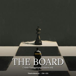 Könnte beinhalten: Eine grafische Illustration mit einer schwarzen Schachkönig-Figur auf einem Schachbrett und einer Person im Vordergrund. Der Text lautet THE BOARD, Crisis Navigation Framework und TheArchives.io EN + ES in weißer und gelber Schrift.