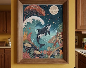Orca-Ozean-Druck: Verspieltes Wellen- und Mond-Wandbild (Digitaler Download)