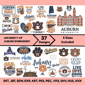 May include: A collection of 37 Auburn University embroidery designs in navy blue and orange, featuring logos, text like War Eagle, Auburn Girl, and Auburn Nurse, tiger paw prints, Samford Hall, and football themes, available in 5 sizes and file formats.