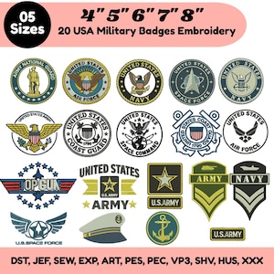 May include: A collection of 20 USA military badge embroidery designs in five sizes from 4 to 8 inches. The set includes various circular and rectangular patches featuring emblems for the Army, Navy, Air Force, Space Force, and Coast Guard with text.