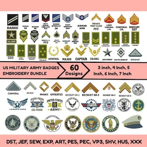 May include: A digital collection of 60 US military army embroidery badge designs in various styles, including rank insignias, branch emblems, and service logos. The image displays text labels for each badge and lists file formats like DST, JEF, and PES.