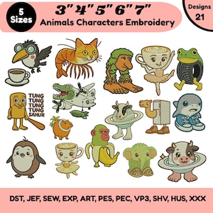 May include: A collection of 21 embroidery designs featuring various animal characters, including a bird with coffee, a shrimp-cat hybrid, a tree creature, a ballerina teacup, a frog with a tyre, a cow on a planet, and a shark in trainers.