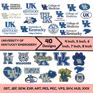 May include: A collection of 40 University of Kentucky embroidery designs in blue and white, featuring various UK logos, the Wildcats mascot, paw prints, and state outlines. Includes sizes 4, 5, 6, 7, and 8 inches in file formats DST, JEF, SEW, EXP, ART, PES, PEC, VP3, SHV, HUS, and XXX.