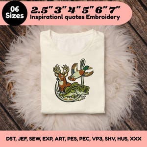 May include: An off-white t-shirt featuring an embroidered design of a deer, a mallard duck, and a fish arranged around a large fishing hook. The text at the top reads 06 Sizes 2.5" 3" 4" 5" 6" 7" Inspirational quotes Embroidery.