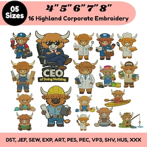 Highland Cow Machine Embroidery Bundle Cute Baby Cow Occupation Embroidery Librarian Engineer Pottery Reading Crochet Cow Embroidery Files