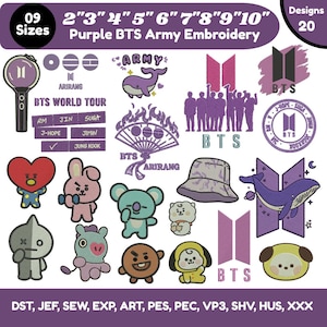 Może przedstawiać: Kolekcja 20 fioletowych wzorów haftu BTS Army dostępnych w 9 rozmiarach od 2 do 10 cali. Zestaw zawiera logo, ilustracje postaci, świecący pałeczkę oraz etykiety tekstowe dla formatów plików takich jak DST, JEF, SEW, EXP, ART, PES, PEC, VP3, SHV, HUS i XXX.