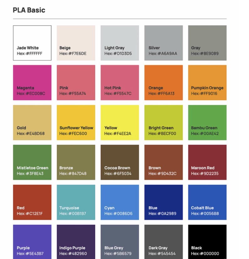 May include: A color chart titled PLA Basic displaying a grid of thirty square color swatches. Each square contains a color name and its corresponding hexadecimal code, ranging from white, beige, and grays to vibrant pinks, oranges, yellows, greens, blues, and purples.