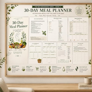 Puede incluir: Un planificador de comidas de 30 días para el embarazo que consta de varias páginas impresas con rastreadores de nutrición, hidratación, listas de compras y conteo de patadas. El diseño incluye ilustraciones botánicas.