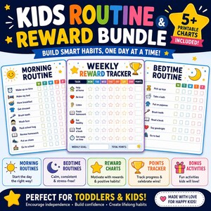 Op de afbeelding: Een routine- en beloningsbundel voor kinderen met printbare schema's voor ochtend- en avondroutines, een wekelijkse beloningstracker en bonusactiviteiten. Het kleurrijke ontwerp bevat iconen voor dagelijkse taken en tekst.