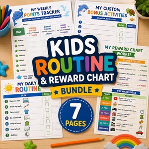 Op de afbeelding: Een set routine- en beloningskaarten voor kinderen bestaande uit zeven pagina's met kleurrijke afbeeldingen van dolfijnen, schildpadden en zonnen. De vellen bevatten een wekelijkse punten-tracker, bonusactiviteiten en dagelijkse takenlijsten.
