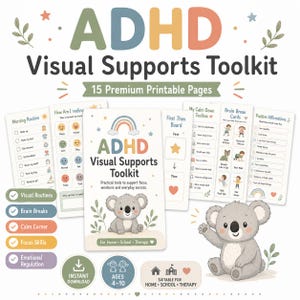 May include: An ADHD Visual Supports Toolkit featuring 15 printable pages with pastel-colored text and koala illustrations. The set includes charts for morning routines, emotions, brain breaks, and positive affirmations, designed for home, school, or therapy.