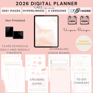 Puede incluir: Una agenda digital 2026 mostrada en una pantalla de tableta con fondo rosa. El diseño incluye más de 500 páginas, secciones con hipervínculos y dos versiones. Incluye horarios de clase, vistas diarias y semanales, finanzas, diario, tableros de visión, pegatinas, iconos y listas de tareas.