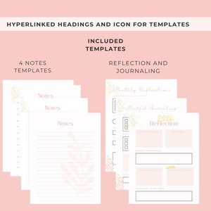 May include: A digital planner template set on a light pink background. Text includes HYPERLINKED HEADINGS AND ICON FOR TEMPLATES, INCLUDED TEMPLATES, 4 NOTES TEMPLATES, and REFLECTION AND JOURNALING. Pages feature notes, monthly reflection, and 2026 reflection.