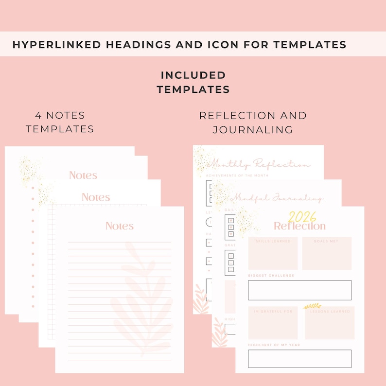 May include: A digital planner template set on a light pink background. Text includes HYPERLINKED HEADINGS AND ICON FOR TEMPLATES, INCLUDED TEMPLATES, 4 NOTES TEMPLATES, and REFLECTION AND JOURNALING. Pages feature notes, monthly reflection, and 2026 reflection.