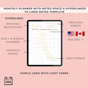 May include: A digital monthly planner displayed on a tablet screen with a light pink background. The planner features a January calendar grid, hyperlinks for monthly reflection, daily and weekly views, notes space, and indicators for US and Canadian holidays.