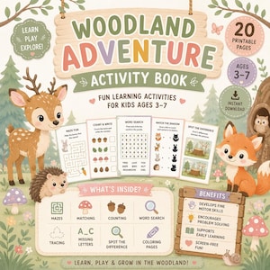 Może przedstawiać: Książka z aktywnościami Woodland Adventure z ilustracjami jelenia, jeża i lisa. Okładka zawiera tekst informujący o 20 stronach do druku, wieku 3-7 lat oraz wymienia aktywności takie jak labirynty, liczenie, wykreślanki i kolorowanki.