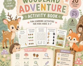 Activiteitenboek bosavontuur voor kinderen | 20 afdrukbare leerpagina's (3-7 jaar) (directe download)