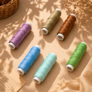 May include: Six cylindrical spools of thread in purple, olive green, brown, bright blue, light turquoise, and grass green. Each spool features a white plastic core and is wrapped with a textured, cord-like thread material for crafting projects.