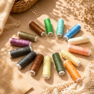 May include: A collection of fourteen cylindrical spools of sewing thread arranged in a circular pattern. The threads feature a diverse palette of colors including brown, green, light blue, white, peach, yellow, orange, and dark gray.