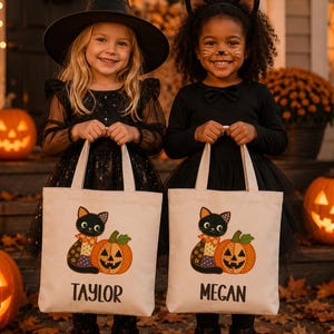 Bolsa de Halloween personalizada para niños, con diseño de gato negro y calabaza para pedir dulces.
