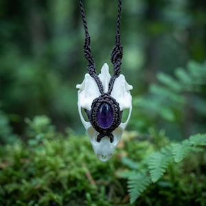 Puede incluir: Un colgante que presenta un hueso de cráneo de animal blanco adornado con una piedra preciosa amatista morada de forma ovalada. La piedra está engastada en un cordón de macramé marrón oscuro que sube para formar un collar trenzado con nudos.