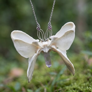 May include: A pendant necklace featuring a white bone structure shaped like butterfly wings, centered with a vertical, translucent purple crystal point. The piece is suspended by a light gray knotted cord with two small purple beads near the top.