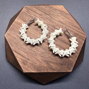 May include: A pair of hoop earrings featuring a series of small, off-white, bone-like vertebrae segments strung along a thin silver-toned metal wire. The circular earrings have a hinged clasp mechanism at the top for secure closure.