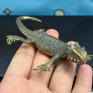 Può includere: Una piccola statuetta di lucertola in metallo color oro con una superficie ruvida e squamosa. La lucertola presenta una lunga coda curva, quattro zampe con artigli visibili e una testa dettagliata con spine prominenti e occhi definiti.