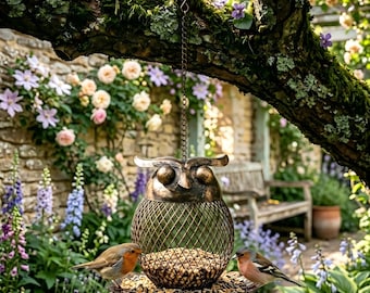 Comedero colgante de metal con forma de búho, 31 x 15 cm, bronce antiguo, decoración de jardín para exteriores, soporte de malla para semillas de aves silvestres y colibríes.