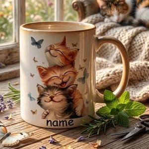 Personalized Ceramic Cat Mug – Stacked Kittens Illustration, Cat Lover Gift