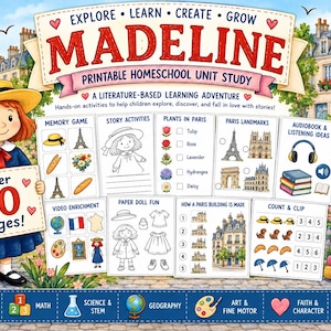 Puede incluir: Un programa de estudio en casa imprimible titulado Madeline que muestra a una niña con vestido azul y sombrero amarillo sosteniendo un cartel que dice Over 70 Pages. La imagen muestra varias hojas de actividades educativas, un perro y libros.