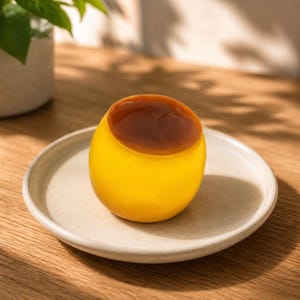 Puede incluir: Un postre de natilla esférico y suave con un cuerpo amarillo vibrante y una parte superior de caramelo marrón oscuro brillante, presentado en un plato de cerámica de color claro. El postre tiene una forma redondeada y uniforme.